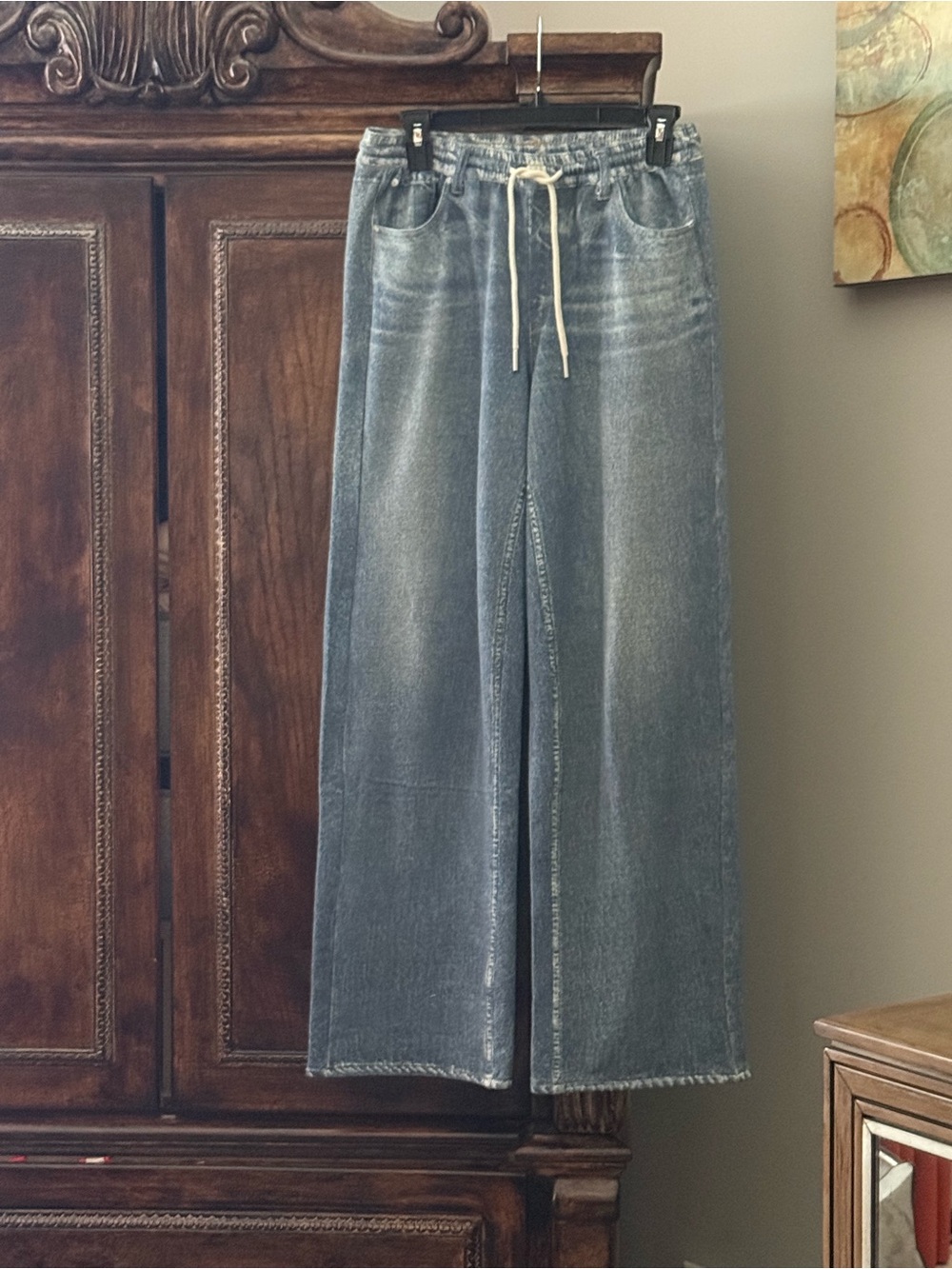 Wide Leg Denim Look Pants in Washed Blue